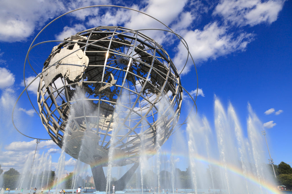New York City, USA - August 04, 2013: The Unisphere in Fushing Meadows Corona Park, Queens at New York City. The Unisphere is a 12 foot tall, steel representation of the Earth; designed by landscape architect Gilmore D. Clark, the structure was donated by U.S Steel for inclusion in the 1964/1965 New York World's Fair.